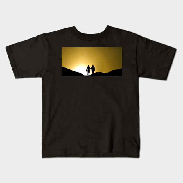 Silhouette of walker's on the peak of mam tor derbyshiire Kids T-Shirt by Simon-dell